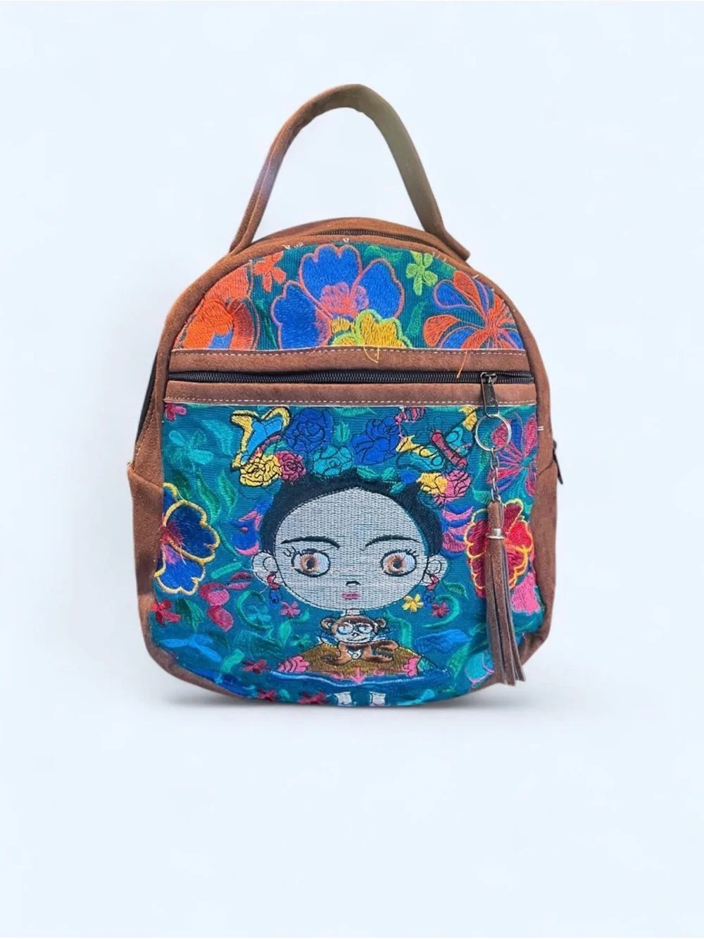 Source Unknown Blue Multicolor Embroidered Mini Backpack with Brown Trim